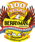 Berryman Products logo celebrating 100 years, family owned, All-American made, from 1918 to 2018 with an eagle design.