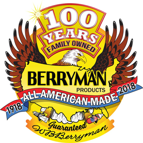 Berryman Products logo celebrating 100 years, family owned, All-American made, from 1918 to 2018 with an eagle design.