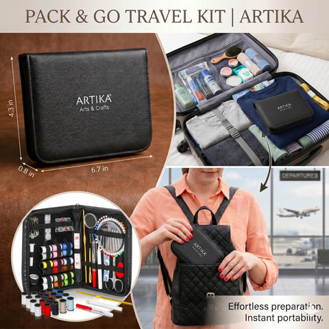Portable Sewing Kit For Beginners And Kids 142 Piece Travel Set with multicolor thread in a travel bag with suitcase and backpack