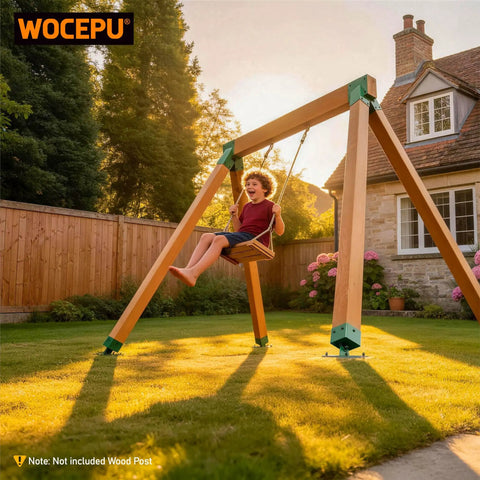 Child swinging on swing set with Heavy Duty Swing Brackets Leveling Base Kit For Swing Sets 45 To 60 Degree Adjustable Angles