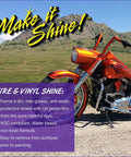 Custom orange motorcycle on road with hills, showcasing Motorcycle Detailing Kit 5 Piece Set With Saddle Pack, Bike Surface Cleaner, Tire Cleaner, Stain Remover, And Tire Protectant, Pro Grade Detailing Supplies For A Showroom Shine On Any Ride.