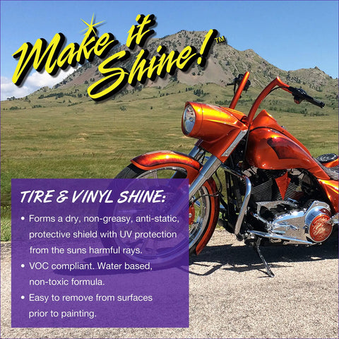 Custom orange motorcycle on road with hills, showcasing Motorcycle Detailing Kit 5 Piece Set With Saddle Pack, Bike Surface Cleaner, Tire Cleaner, Stain Remover, And Tire Protectant, Pro Grade Detailing Supplies For A Showroom Shine On Any Ride.