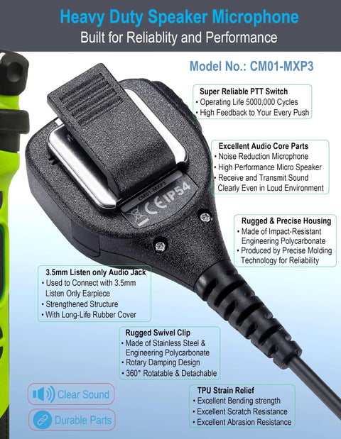 Close-up of heavy-duty speaker microphone for Motorola handheld radios with noise reduction and reinforced cable
