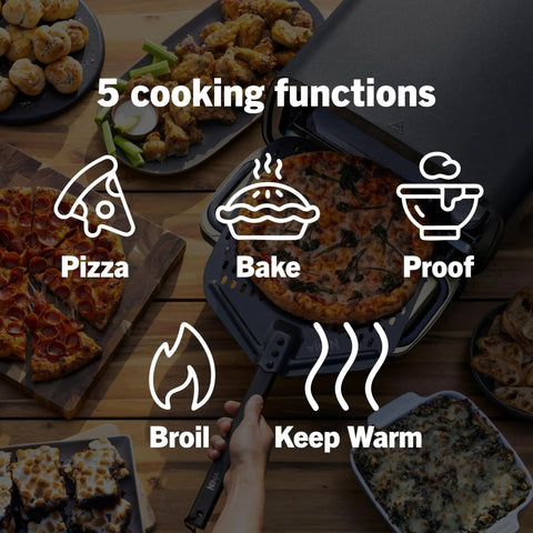 Backyard Pizza Oven With Stone 12 Inch Ready In Just 3 Minutes For Artisan Crusts With 700F Max Temperature Five In One Functionality Bake Broil Proof And Warm Makes Full Family Meals Outdoors For Your Cookout Gray MO201 showing five cooking functions: pizza, bake, proof, broil, and keep warm, with a pizza on the stone oven.