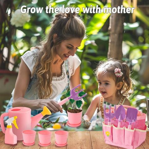 Mother and child using Pink Kids Gardening Tools Set With Rake Shovel Trowel Watering Can Gloves Apron Tote Bag for garden play.