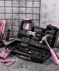Open compact toolbox displaying Pink 39 Piece All Purpose Household Tool Kit Set For Women with hammer, pliers, bits