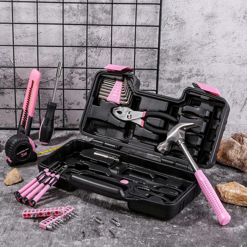 Open compact toolbox displaying Pink 39 Piece All Purpose Household Tool Kit Set For Women with hammer, pliers, bits