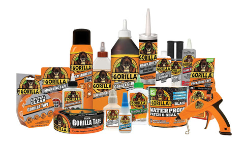 Assorted Gorilla glue and tape products including Heavy Duty Wood Glue For Indoor And Outdoor Projects Pro Grade With Fast Clamp Time And Full Cure In 24 Hours, 1 Gallon Bottle In Natural Wood Color, ANSI HPVA Type II Water Resistant For All Woodworking Repairs.