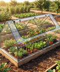 Raised Garden Bed With Cover And Mini Greenhouse 6 Ft Long 3 Ft Wide 3 Ft High Galvanized Bottomless Outdoor Planter Box Kit With Dual Roll Up Screen Windows Black And Clear Cover in a sunny garden with plants inside