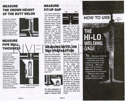 Pro Grade Hi Lo Welding Gauge For Pipe Internal Alignment And Fit Up, Inch And Metric Readings On Opposite Sides, Measures Internal Misalignment Before And After Tacking, shown in use guide