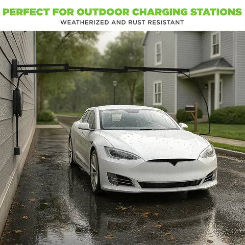 Heavy Duty Ev Cord Holder With Wall Mount Design And Adjustable Boom Arm To Tame Those Messy Level 2 Charging Cables And Keep Your Garage Floor Totally Clear In Matte Black mounted beside a car.