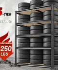 Heavy Duty 2250 Lb 5 Tier Garage Storage Shelves With Adjustable Metal Utility Rack holding tires, in warehouse setting