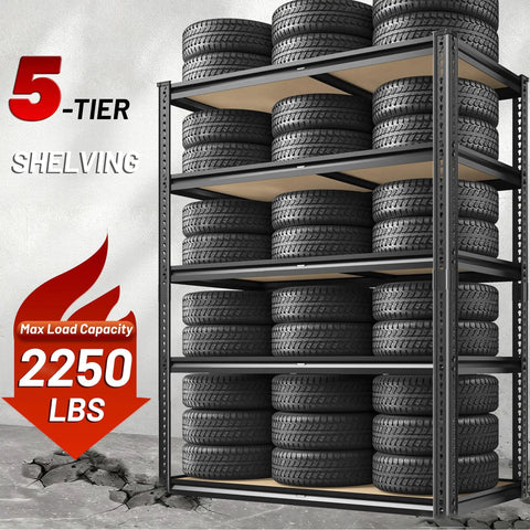 Heavy Duty 2250 Lb 5 Tier Garage Storage Shelves With Adjustable Metal Utility Rack holding tires, in warehouse setting