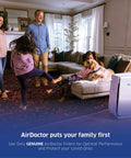 Family playing in living room with AD3000 air purifier, emphasizing AirDoctor puts your family first.