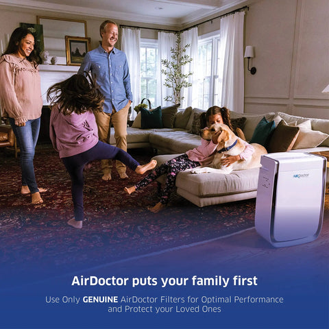 Family playing in living room with AD3000 air purifier, emphasizing AirDoctor puts your family first.