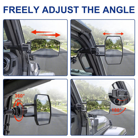 Door Off Mirror Upgrade For Jeep Wrangler JL JLU And Gladiator JT 2018-2023 with adjustable angles, shown in multiple views.