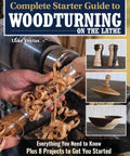 Book cover: Complete Starter Guide to Woodturning on the Lathe; blue title, image of lathe turning with wood shavings.