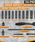 One Quarter Inch Drive Impact Socket Set With Fifty Six Pieces Featuring SAE And Metric Six Point Sockets Includes CR V Ratchet Handle All In One Heavy Duty Extension Bars Universal Joint And Durable Carry Case displayed