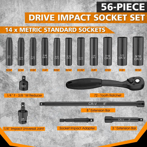 One Quarter Inch Drive Impact Socket Set With Fifty Six Pieces Featuring SAE And Metric Six Point Sockets Includes CR V Ratchet Handle All In One Heavy Duty Extension Bars Universal Joint And Durable Carry Case displayed
