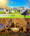 2 Pack 480 LED Solar String Lights For Outside 170 Ft Outdoor Christmas Lights With 8 Modes And Memory Function Waterproof Twinkle String Lights For Xmas Tree And Party Decor Warm White with solar panel charging in sunlight and night illumination.