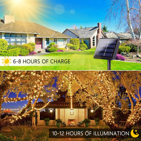 2 Pack 480 LED Solar String Lights For Outside 170 Ft Outdoor Christmas Lights With 8 Modes And Memory Function Waterproof Twinkle String Lights For Xmas Tree And Party Decor Warm White with solar panel charging in sunlight and night illumination.