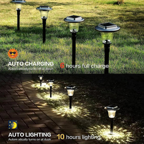 Solar Outdoor Path Lights 6 Pack With Lit Color Changing And Static Warm Glow Modes illuminating garden pathway at night