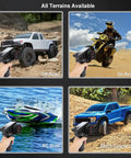 10 Channel 2.4GHz RC Transmitter With Coach Mode controlling various terrains including off-road vehicle, motorcycle, boat, and car
