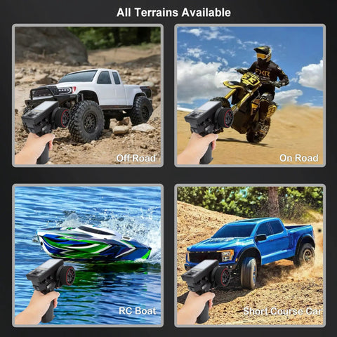 10 Channel 2.4GHz RC Transmitter With Coach Mode controlling various terrains including off-road vehicle, motorcycle, boat, and car