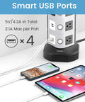 Power Strip Surge Protector Tower With Four USB Ports And Fourteen Outlets For Easy Charging on desktop with two phones