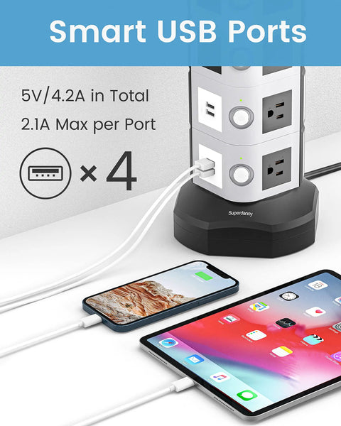 Power Strip Surge Protector Tower With Four USB Ports And Fourteen Outlets For Easy Charging on desktop with two phones