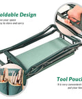 Portable Garden Kneeler And Seat with Heavy Duty Bench showing foldable design and tool pouches for preventing knee and back pain.