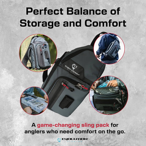 Largemouth 3.0 Fishing Sling Pack Gray With 3600 Quiklatch Tackle Trays Plier Holster Deep Tray Padded Back Pad Heavy Duty