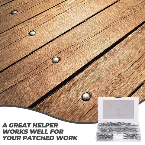 Aluminum Pop Rivets Kit 140Pcs Assortment With Flat Head And Flange Blind Rivets For Metal Fastening on wooden surface