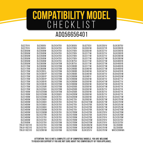 Compatibility model checklist showing dryer models for Dryer Lint Trap Screen Replacement for LG and Kenmore Elite Dryers Fits DLE3170W.