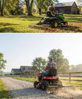 Man operating Cat-0 Agricultural Field Landscape Rake With Spring Steel Tines on tractor for land clearing and lawn care