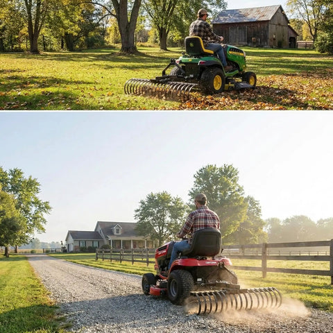 Man operating Cat-0 Agricultural Field Landscape Rake With Spring Steel Tines on tractor for land clearing and lawn care