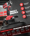Cordless 3/8 Inch Impact Wrench With 250 Foot Pound Torque, Brushless Electric Power, 2400 RPM High Torque, Compatible With Milwaukee 18V Batteries, Bare Tool Only, No Battery Or Sockets Included, Ideal For Automotive And DIY Projects displayed with protection features and battery compatibility