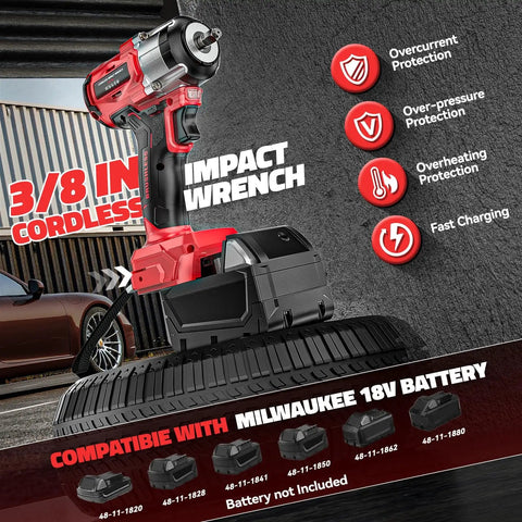 Cordless 3/8 Inch Impact Wrench With 250 Foot Pound Torque, Brushless Electric Power, 2400 RPM High Torque, Compatible With Milwaukee 18V Batteries, Bare Tool Only, No Battery Or Sockets Included, Ideal For Automotive And DIY Projects displayed with protection features and battery compatibility