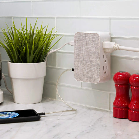 Five Outlet Extender With USB Ports Twin Pack Surge Protector 560 Joules side access installed in kitchen