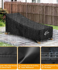 Waterproof Patio Chaise Lounge Chair Cover with UV Shield on outdoor furniture, shown in rain, 80D x 28W x 30H, black fabric.