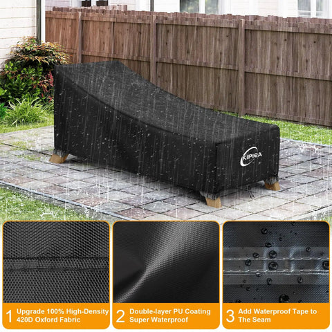Waterproof Patio Chaise Lounge Chair Cover with UV Shield on outdoor furniture, shown in rain, 80D x 28W x 30H, black fabric.
