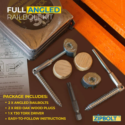 Angled Railbolt Handrail To Newel Post Connector Kit with components and instructions for easy lower connection installations.