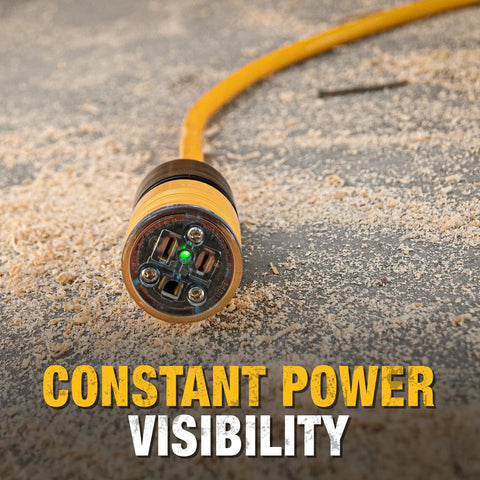 50 Foot Lighted Extension Cord With Click To Lock Locking Plug 10/3 SJTW on workshop floor with illuminated plug
