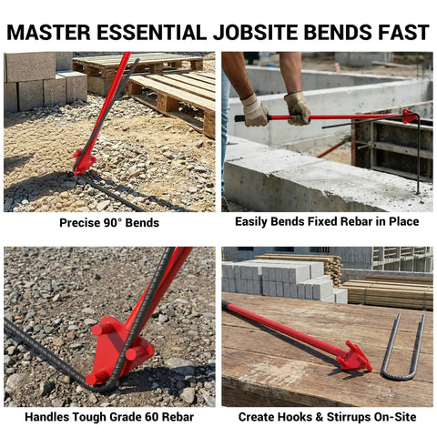 Fixum Heavy Duty Manual Rebar Bender For 5/8 Inch Steel Rods bending rebar at a construction site with solid steel lever.