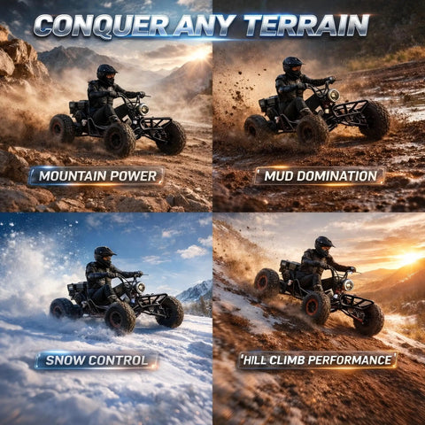 Collage of 212cc 4 Stroke Off Road Go Kart With CVT Automatic Transmission on various terrains including mountains and snow.