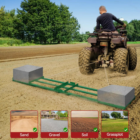 Person using 8ft Heavy Duty Drag Harrow For ATV UTV Yard Drag And Driveway Grader With 6ft Chain Gravel Leveling Tool Green Rust Resistant Coating