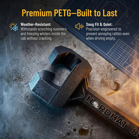 Hard Hat Buddy Headrest Hook for Trucks and SUVs, heavy-duty PETG material on metallic surface, weather-resistant features shown.