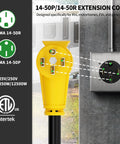 NEMA 14-50P To NEMA 14-50R 25Ft 50 Amp RV And EV Extension Cord Outdoor Heavy Duty, Waterproof With Grip Handle, Flexible 4 Prong, 125/250V 6250/12500W STW ETL Listed shown connected to outlet