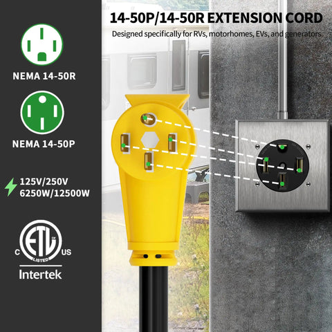 NEMA 14-50P To NEMA 14-50R 25Ft 50 Amp RV And EV Extension Cord Outdoor Heavy Duty, Waterproof With Grip Handle, Flexible 4 Prong, 125/250V 6250/12500W STW ETL Listed shown connected to outlet