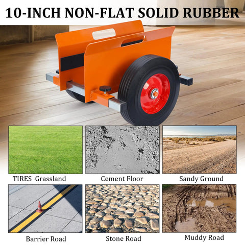 Orange Beefy Heavy Duty Panel Dolly 1100 Lbs Capacity With 10 Inch Solid Wheels on various terrains like grass and mud